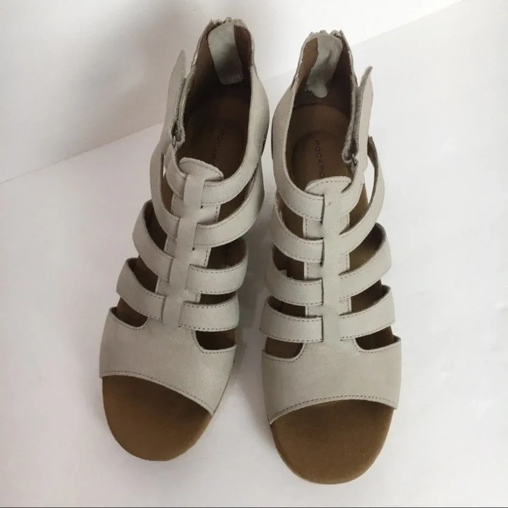 Rockport Womens Size 10 Briah Taupe Leather‎ Gladiator Wedges Sandals Shoes
